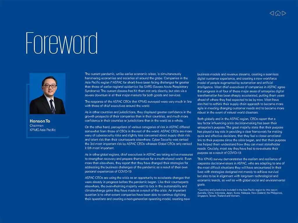 KPMG CEO Outlook foreword slide, designed to KPMG brand standards