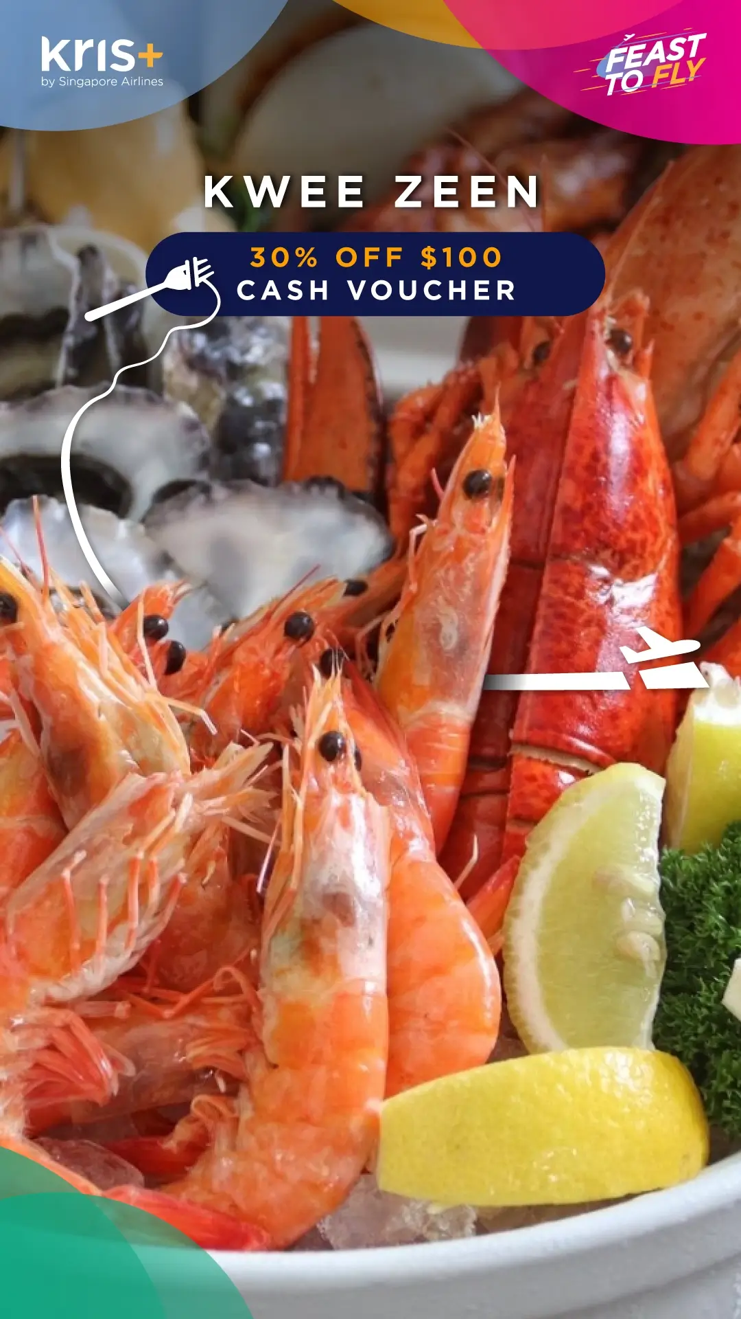 Feast to Fly campaign asset adapted to Instagram Stories (9:16) format, co-branded with F&B partner