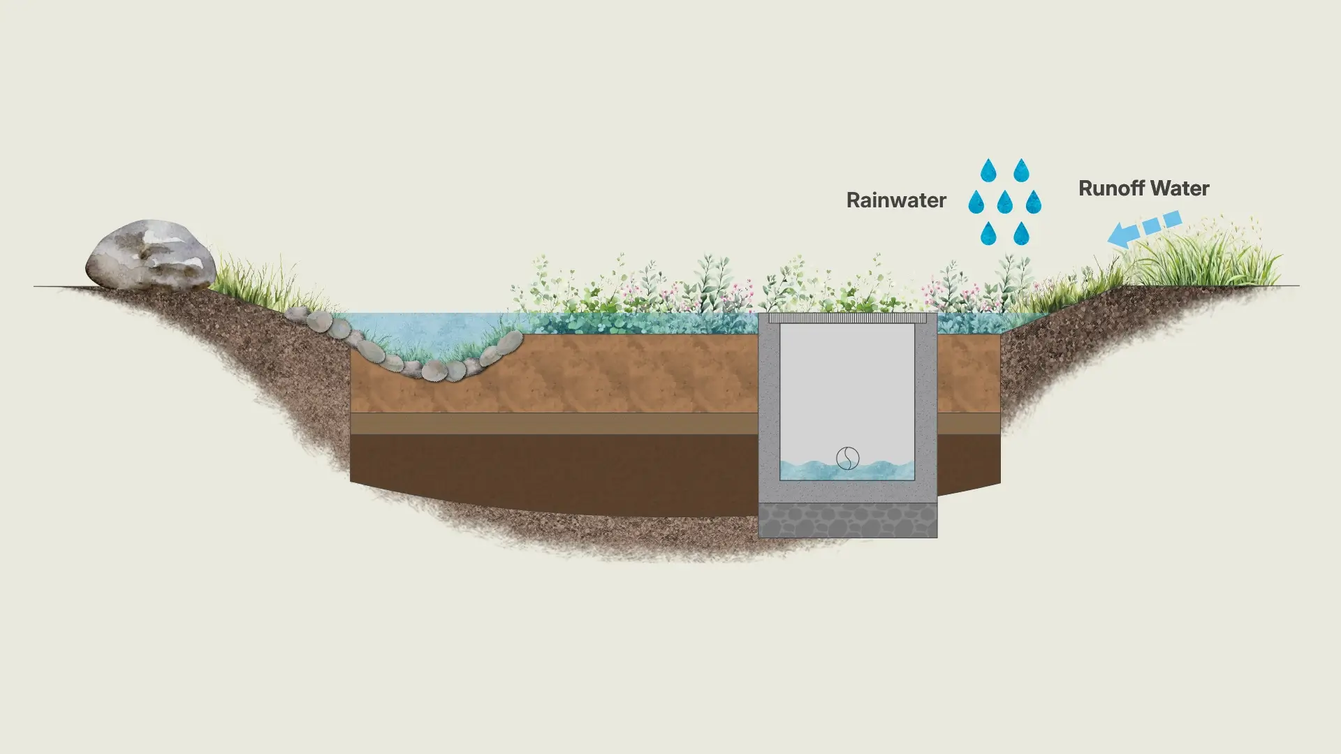 Custom rain garden illustration designed by Racer Creative from engineering drawings for Parkview @ Bidadari HDB park signage