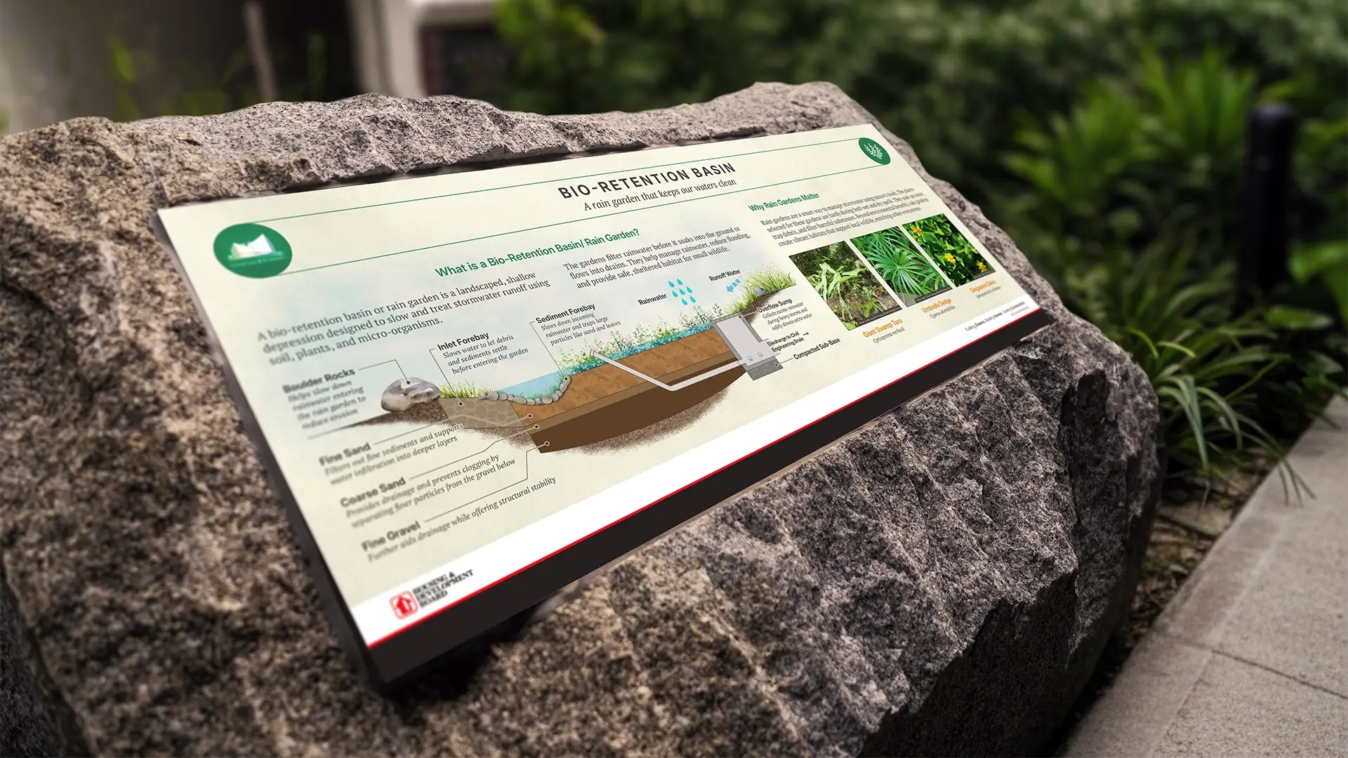 Rain garden interpretive signage panel at Parkview @ Bidadari explaining how the rain garden system works, designed for HDB estate park