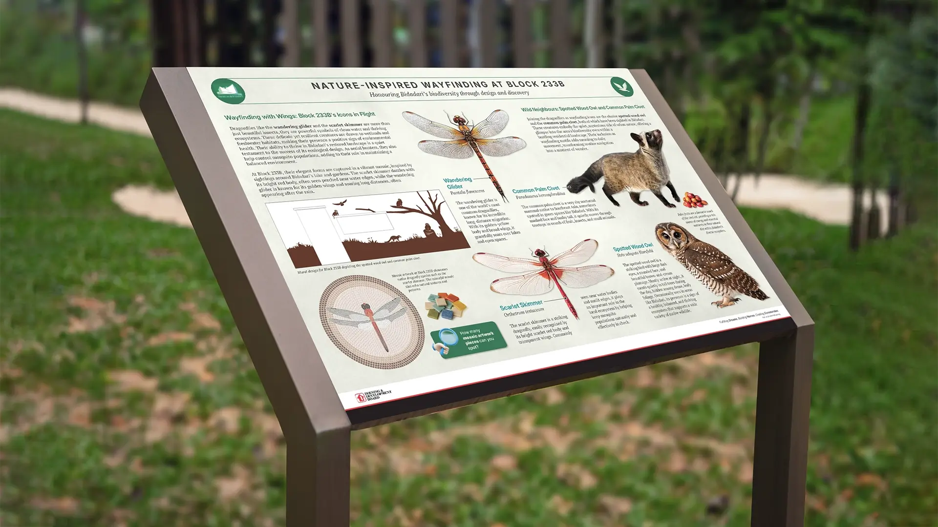 Wildlife interpretive signage panel at Parkview @ Bidadari HDB estate park featuring local species that can be spotted in the area